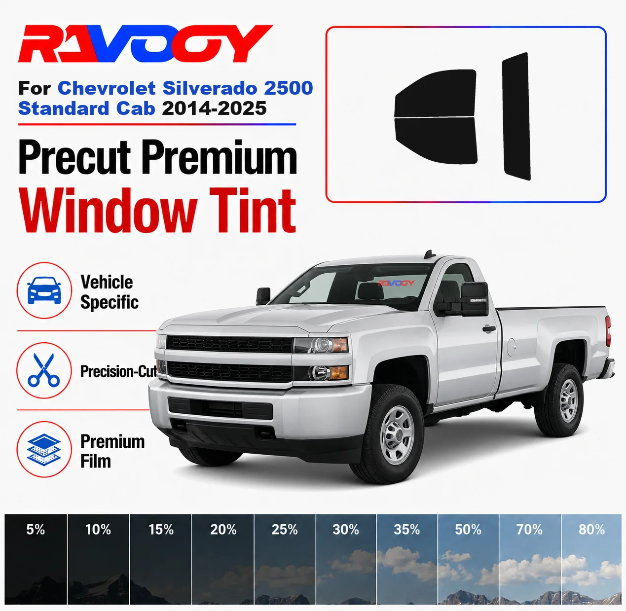 Premium Precut Window Tint Kit For Chevrolet Silverado 2500 Standard Cab 2014-2025 Complete Set Car Solar Nano Ceramic Film