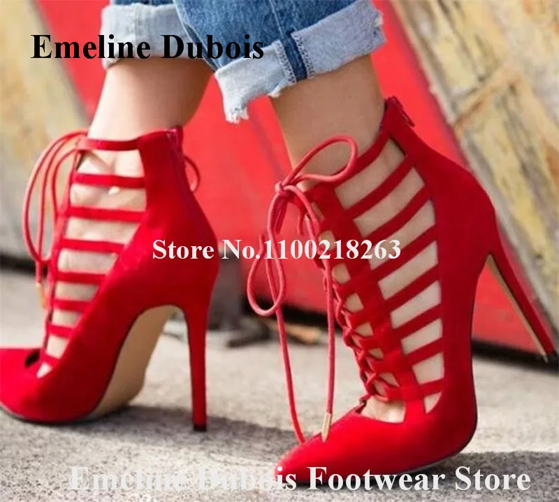 Red Suede Stiletto Heel Pumps Emeline Dubois Pointed Toe Cut-out Straps Thin Heel Shoes Lace-up Back Zipper High Heels Big Size