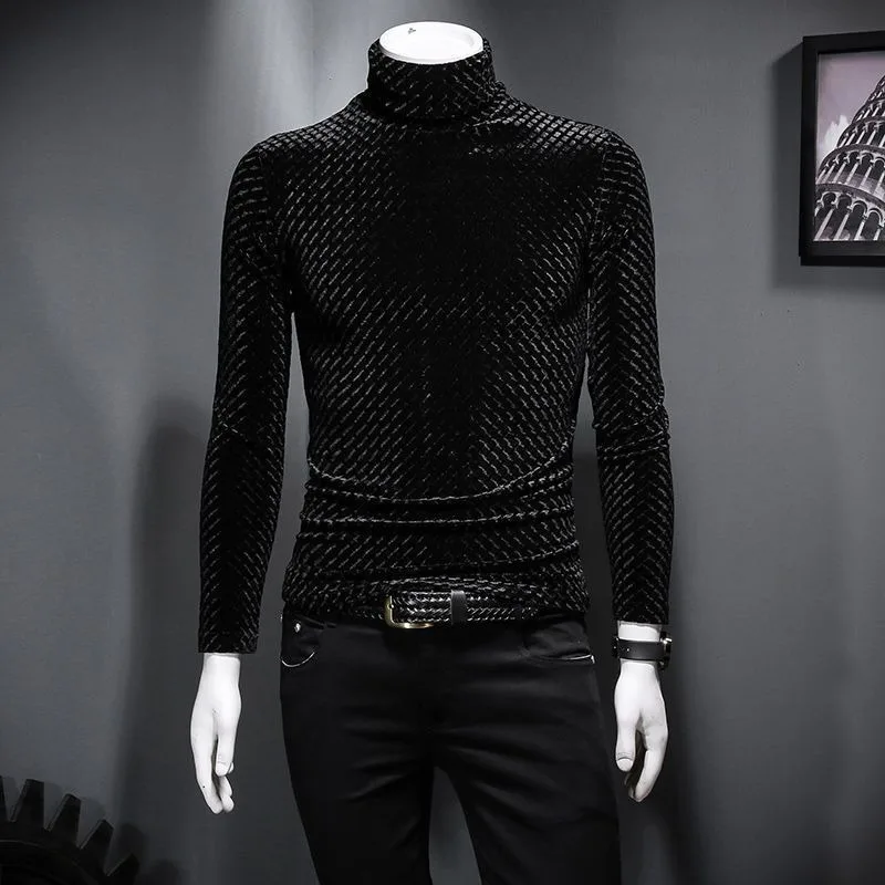 Winter Gold Velvet Turtleneck T-shirt Men's Korean Style Slim and Versatile Plus Velvet Thickened Bottoming Shirt Top
