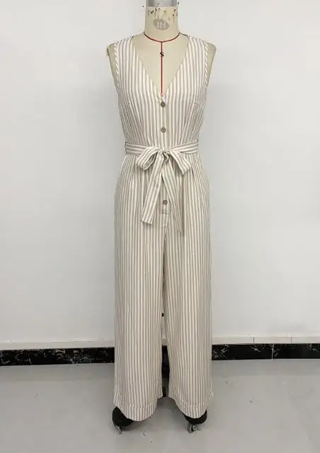 Macacão Feminino 2026 Primavera Verão Novo Estampa Listrada Decote V Sem Mangas Com Amarração Casual Design com Bolso Macacão de Perna Larga