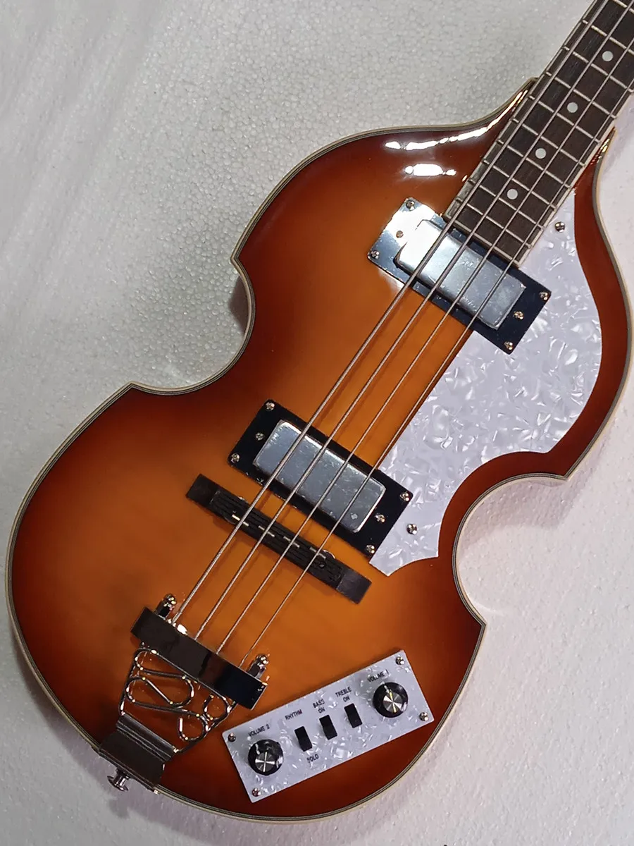 Violin BB2 Electric Bass Guitar, Vintage Sunburst Color, White Pearl Pickguard, Wood Bridge, Full Size, 4 String Bass