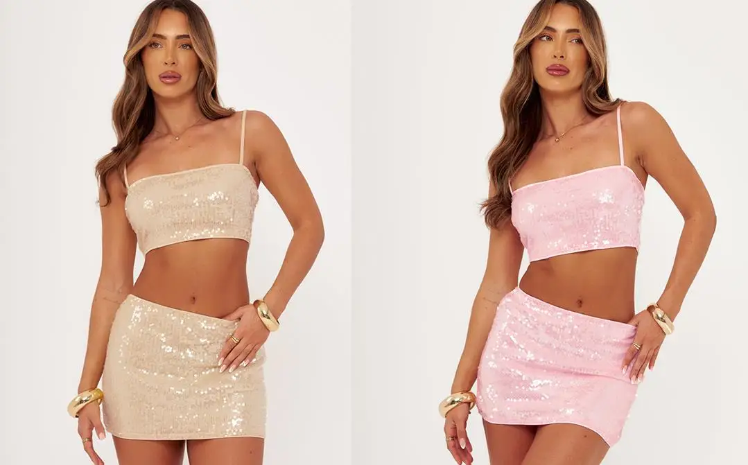 

Women's Summer Sequin Outfit Slim Fit Stylish Solid Sparkly Spaghetti Straps Crop Tops and Mini Skirt 2 Pcs Set