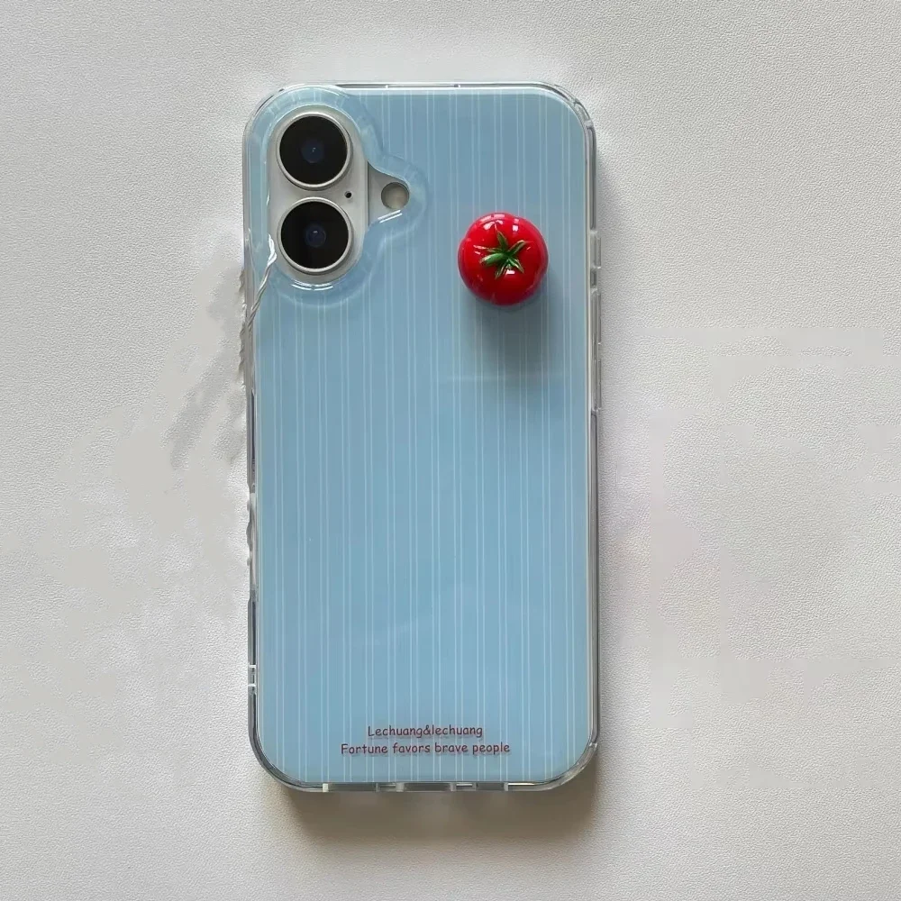 Cute Blue Stripe Funny Stereoscopic Tomato Phone Case For iPhone 17 AIR 16 15 14 13 12 11 PRO MAX PLUS Dustproof Y2K Cover