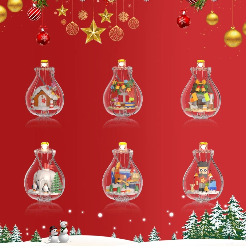 MOC Christmas Decorative Pendant Building Block Light Bulb Model Set for Snowman Elk Animal Santa Claus Toys Gift for Children