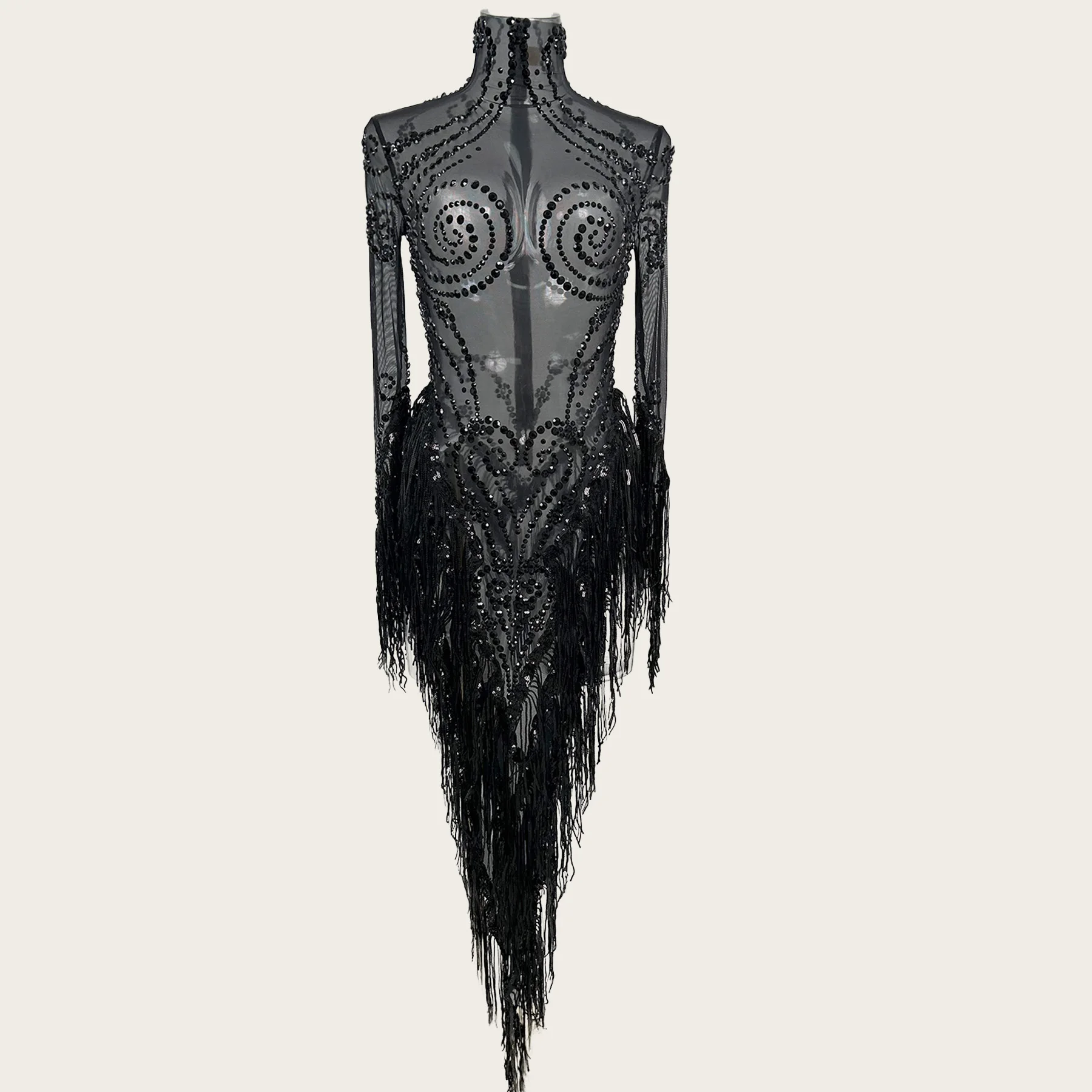 

Sexy Black Mesh See Through Mini Dress Party Women Sequins Tassel High-end Outfit Dance Stage Drag Queen Performer Wear Heitao