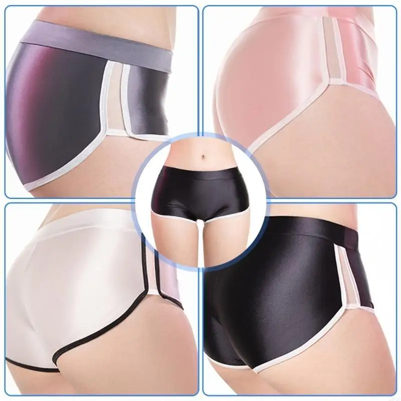 270D 女性のオイル光沢のあるスポーツ下着ボーイショーツストレッチジムボクサーショーツパンティー