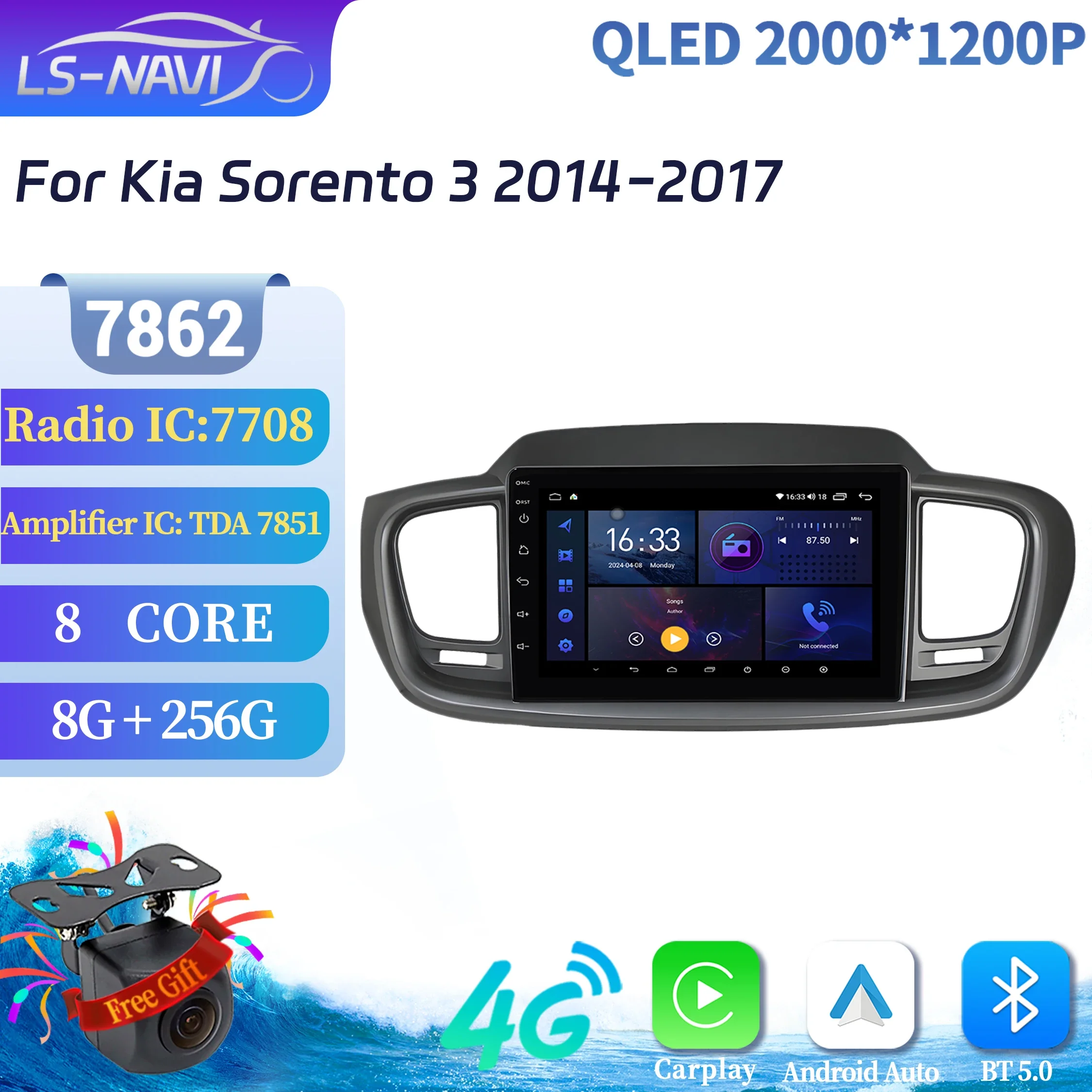 

Car Radio For Kia Sorento 3 2014-2017 Multimedia Navigation 4G GPS Android 14 Bluetooth Carplay 7862 8+256 radio 2K QLED Screen