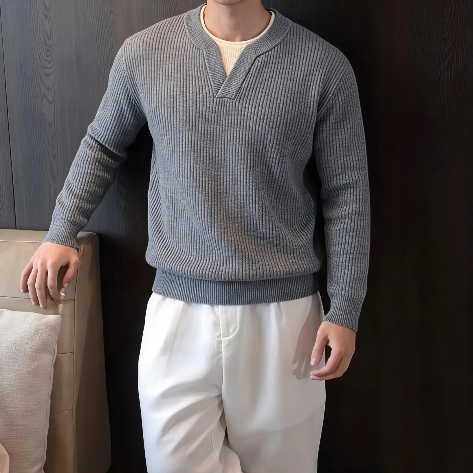 Autumn Winter V-neck Striped Knitted Sweater Men's Long Sleeved Casual Business Sweater Simple Versatile Warm Social Pullover