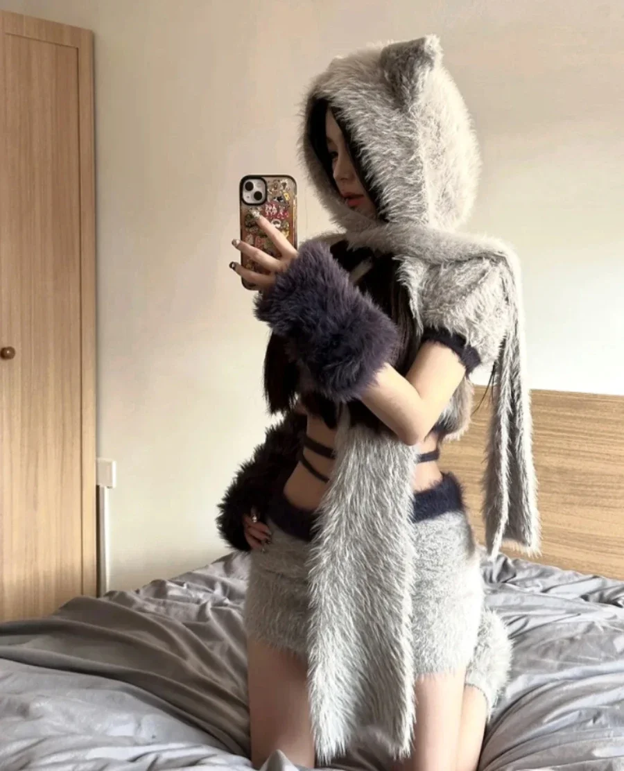 Spicy Girl Grey Fashion Set Women's Fury Cat Ear Hooded Knitted Color Block Half Skirt +Cat Ear Sweater Two Piece Set