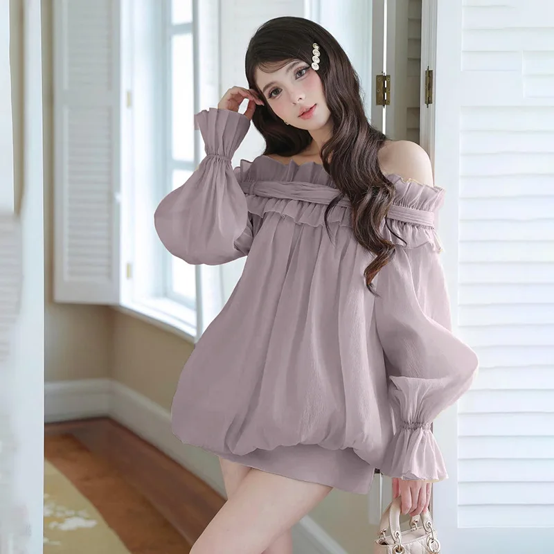 

New Spring Fashion Solid Color Chiffon Shirt Women Off Shoulder Ruffles Puff Sleeves Leace-up Loose Shirts Elegant Simple Female