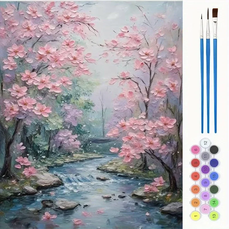 Professional art use 2D Serene Pink Cherry Blossom Stream Landscape Paint by Numbers Kit for Adults, Polyester Material, Multipl
