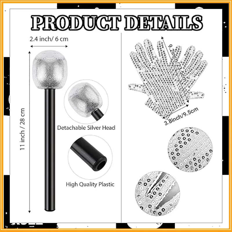 Accessori per costumi Pop King Jackson Cappello Fedora Occhiali da sole e microfono per la festa di cosplay di Halloween a tema Rocky anni '80