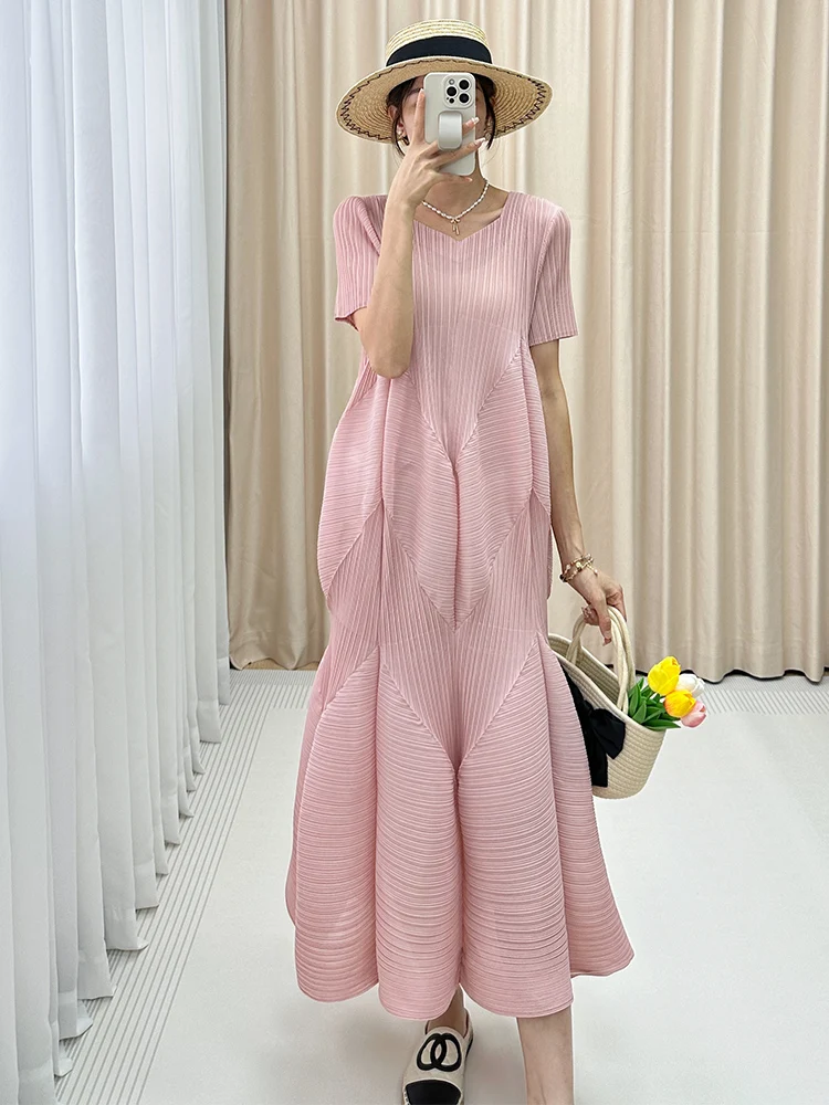 

Fashionable Printed Long Dress Women's Spring Autumn New Style High Waist Pleated Silk Polyester Fiber Short Sleeve Dress