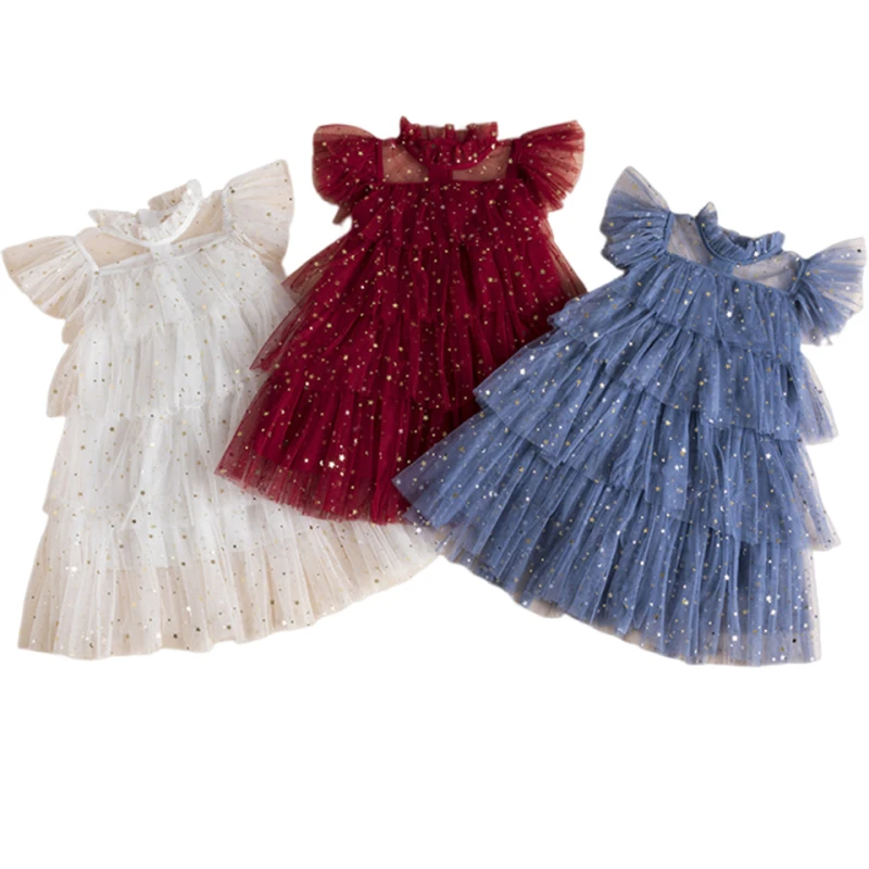 

Baby Girls Tulle Summer New Princess Dresses Fly Sleeve Sequined Star Ruffle Mesh Layered Dress Children Birthday Party Vestidos