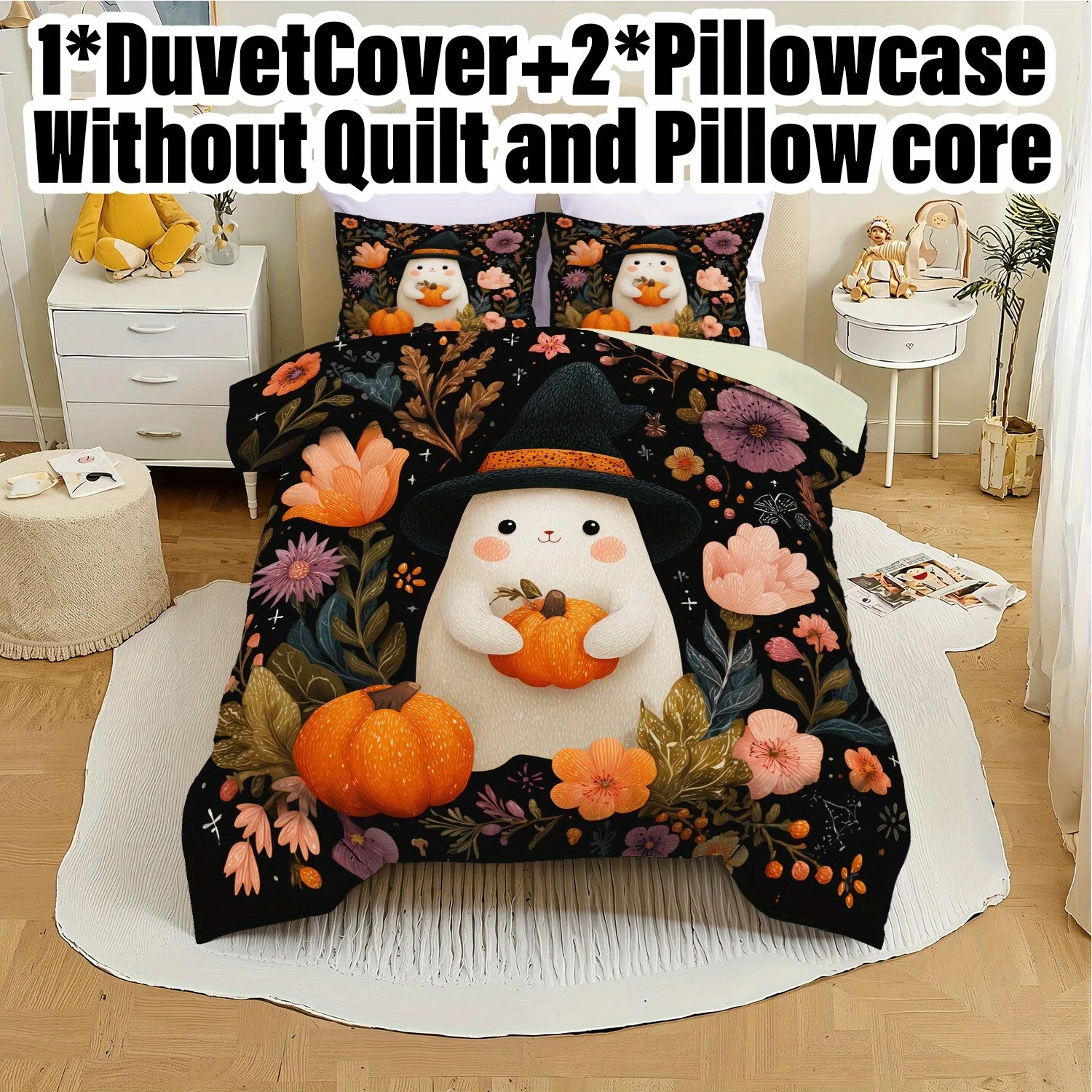 3pcs Halloween Pumpkin Monster Duvet Cover Set without Core, Quilt Cover with 2 PillowcasesSoft and Machine Washable