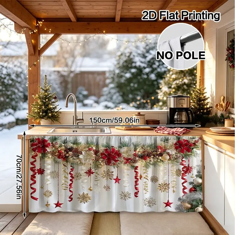 VIKAMA Kitchen Sink Skirt Christmas Flower Snowflake Print Sink Curtain for Kitchen Counter Cabinet Sink Cover Home Xmas Decor