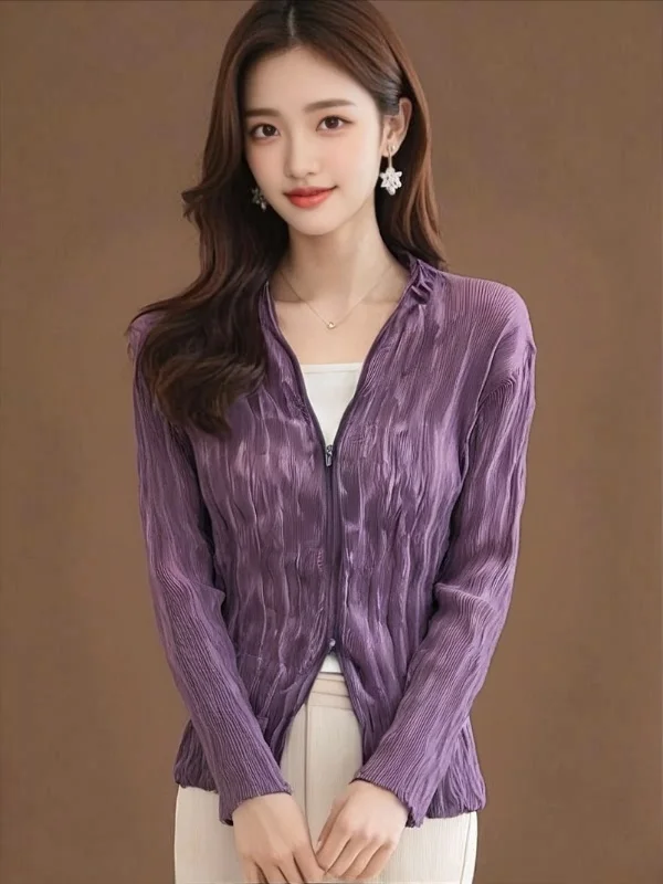 

Miyake Fold 2025 Autumn/Winter New Zipper Cardigan Solid Color Korean Fold Large Loose Fashion Cardigan Soft Coat Pleated