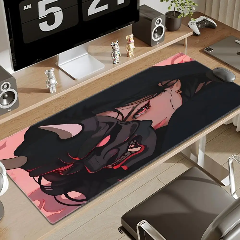 Геймерский коврик для мыши Oni Devil Mask, резиновый коврик для мыши, большой игровой коврик для мыши в стиле аниме для девочек, игровой коврик для мыши с HD принтом, коврик для клавиатуры, нескользящий настольный коврик