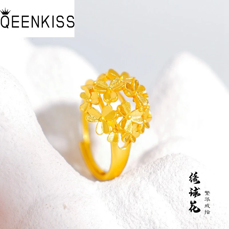 QEENKISS Gold Hydrangea Flower Rings For Women Wedding Party Birthday Christmas Bride Mother Girlfriend Ladies Gifts RG5234