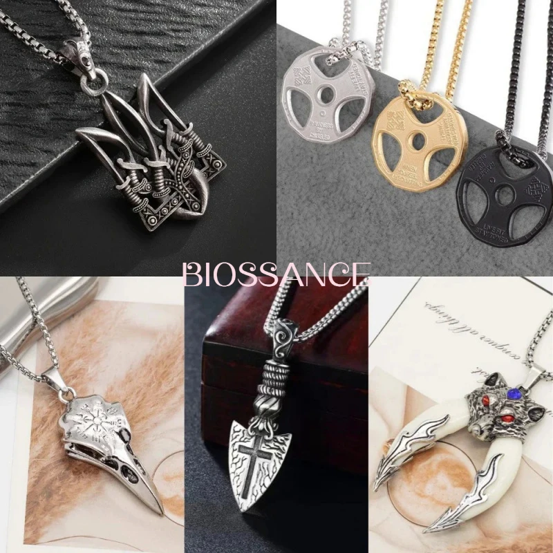 BIOSSANCE Retro Imitation Wolf Tooth Pendant, Fitness Dumbbell, Crow Skull, Anchor Pendant Necklace For Men And Women Jewelry