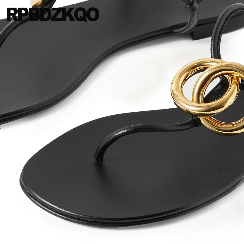 Ladies Summer Girls Embellished Thong Slingback Designer Shoes Women Luxury 2023 Black Flat T Strap Sandals Famous Brand Metal