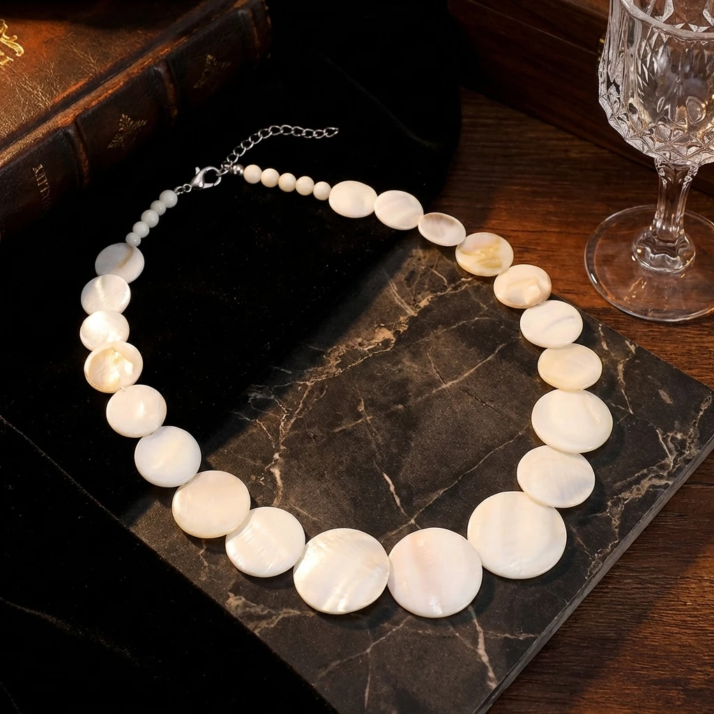 Vintage Runde Weiße Muschel-Choker-Halskette für Frauen, Böhmische Geometrische Spleiß-Ketten mit Anhängern, Vielseitiger Alltagsschmuck – Detail 6