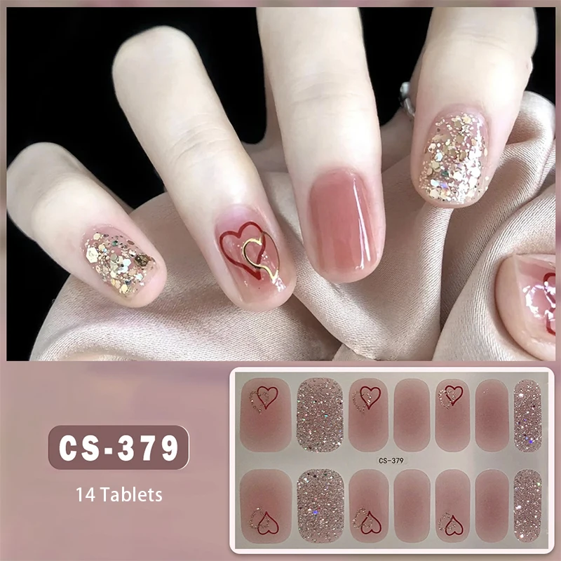 14Tips Nail Stickers Nude Color Adhesive Glitter Foil Waterproof Full Cover Nail Wraps DIY Manicure Arts Decals