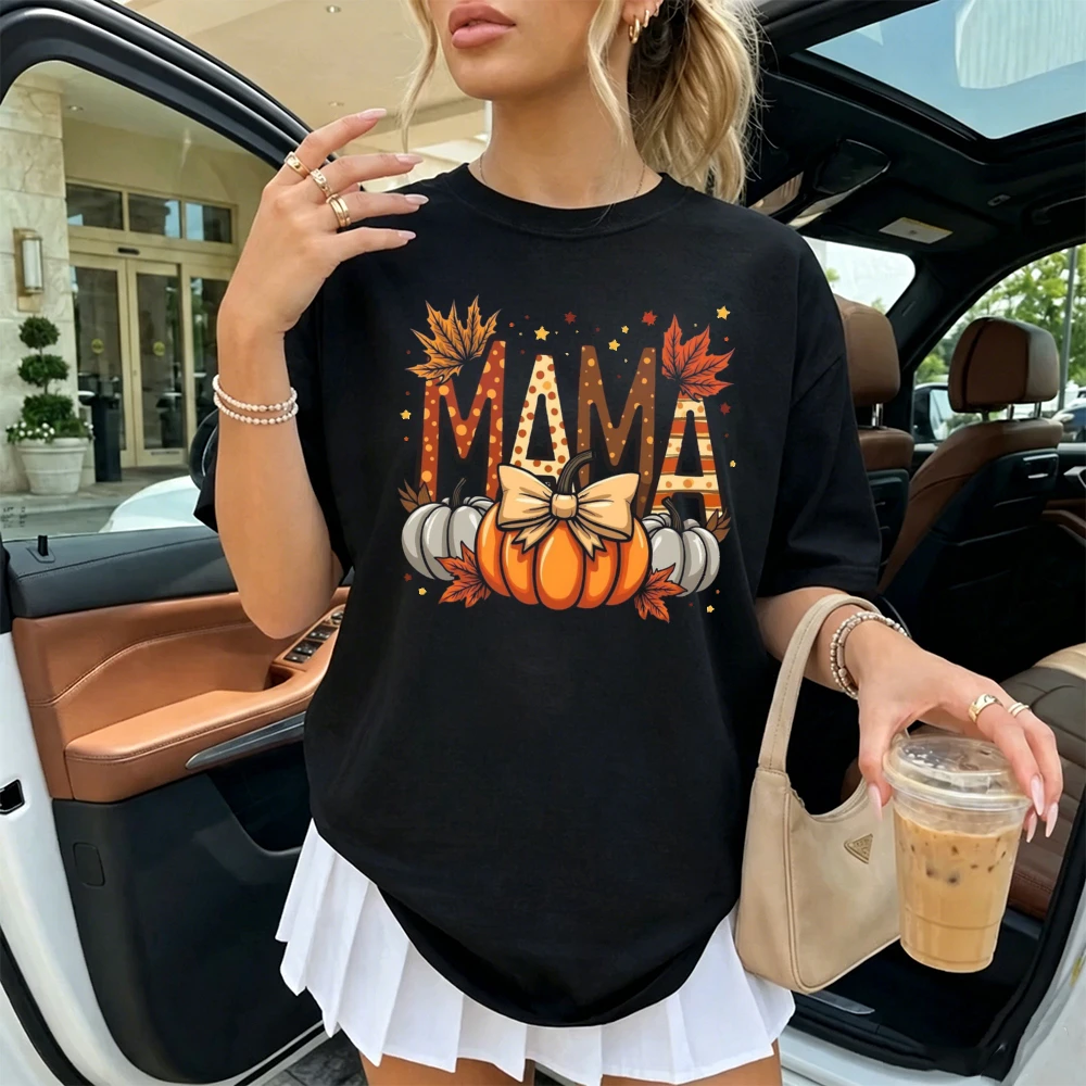 Mama Fall Women T Shirt Polka Dot Striped Letter Pumpkin Plaid Bow Maple Leaf Trendy Attractive Ladies Short Sleeve Blouse