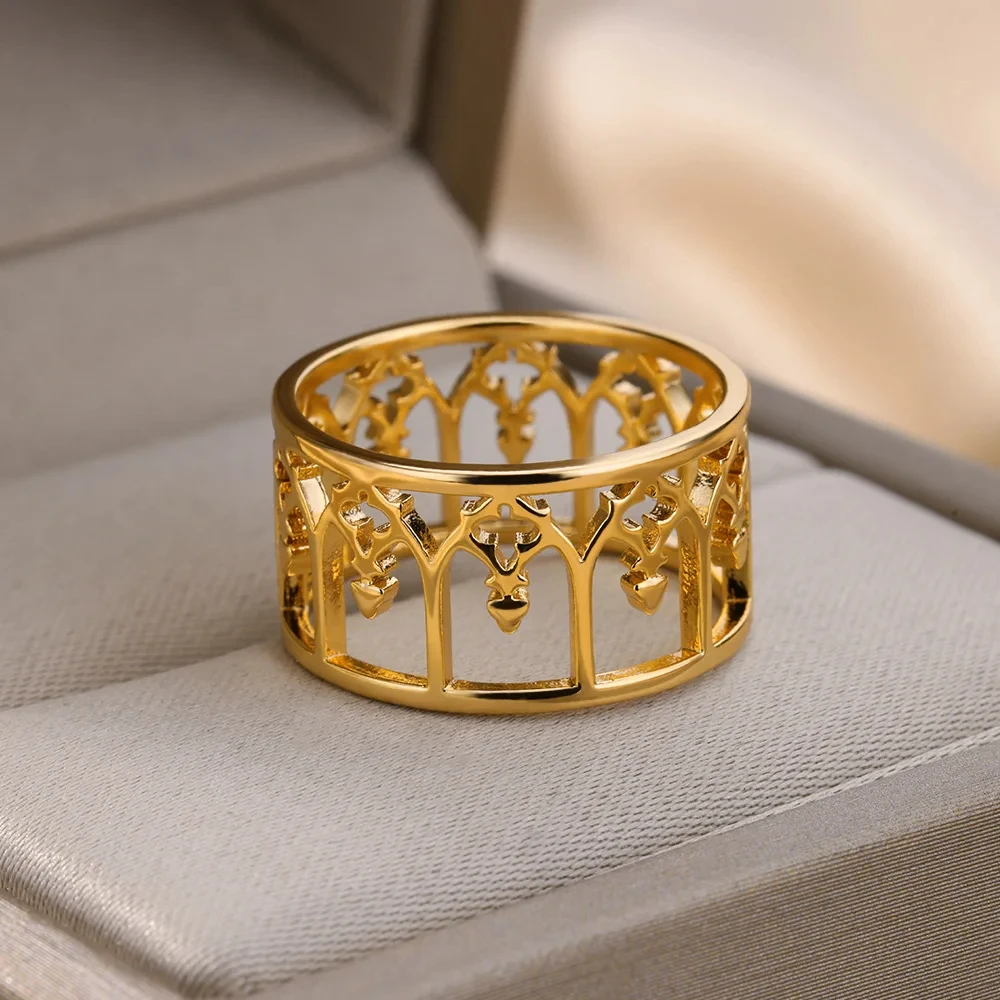 Retro Hollow Rings For Women Stainless Steel Gold Color Geometric Wide Finger Ring Wedding Jewelry Christmas Gift Free Shipping