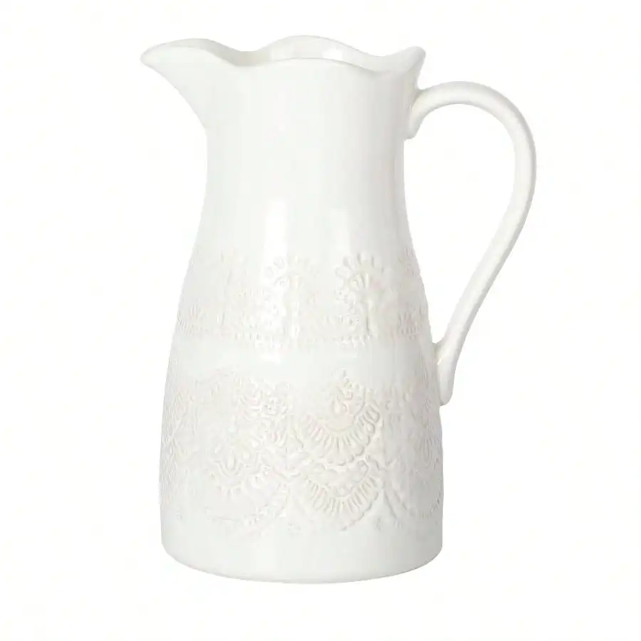 

Vintage Lace Linen 9 - inch Ceramic Pitcher for Kitchen Dining Table Home Decor Rustic Style Elegant White Porcelain