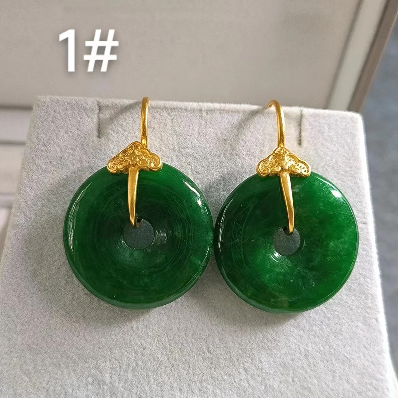 

1pcs/lot natural emerald jade ring safety clasp earrings S925 silver gold-plated ear hooks neoclassical national style Simple