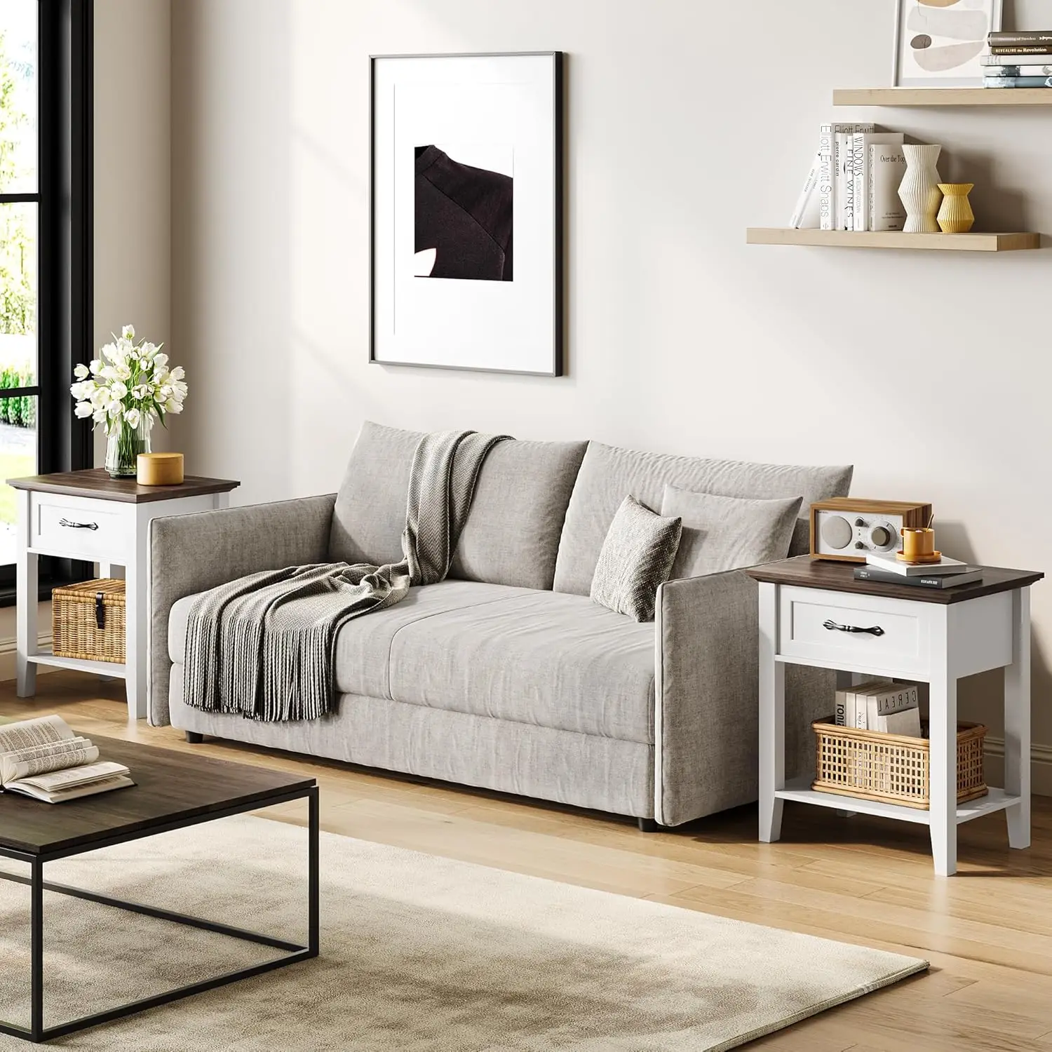 Nightstands Set Of 2, End Table With Drawer, Side Table For Spaces, 2 Tiers Storage Shelves With Dresser, Bedside Table For