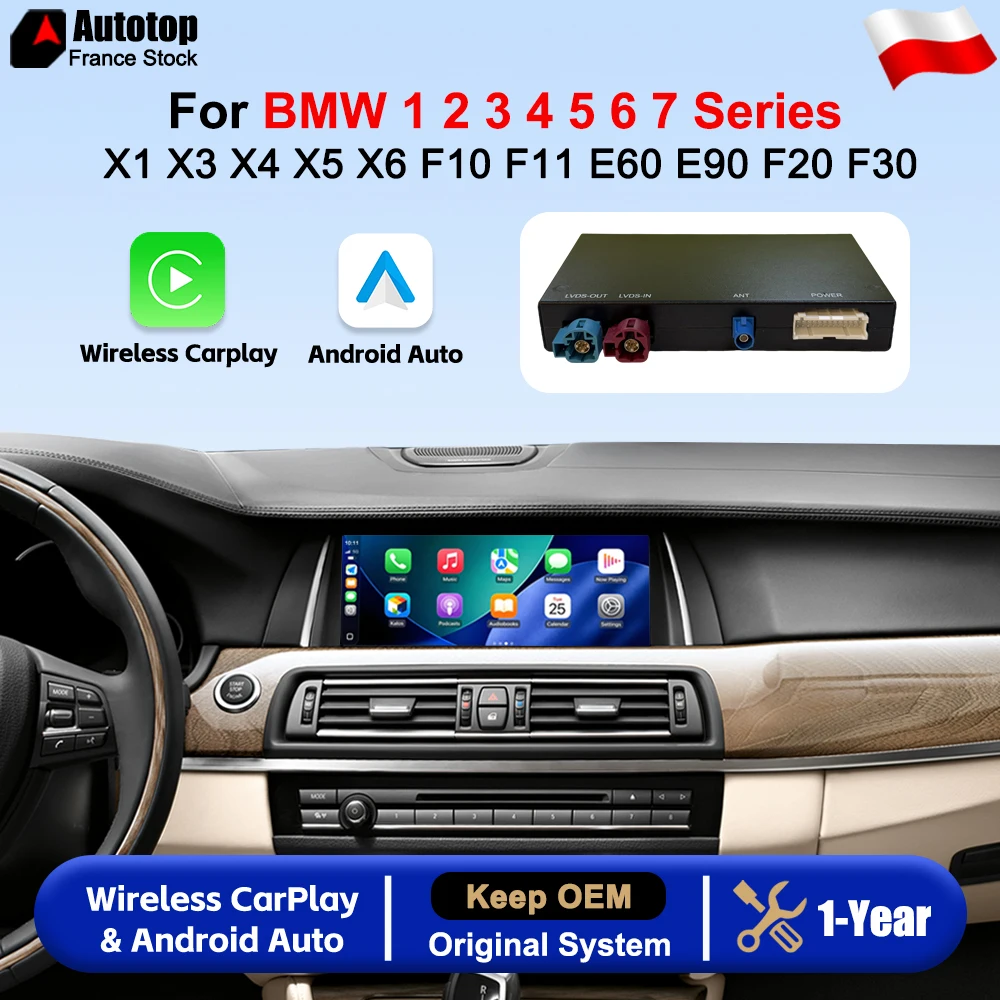 Module Android Auto Carplay sans fil pour BMW Série 1 2 3 4 5 6 7 X1 X3 X4 X5 X6 F10 F11 F20 F30 E60 E90 F45 F25 F26 F15 F07 E87 E84 ... Système de navigation multimédia NBT CCC CIC EVO avec accessoires AirPlay Car Play BT Mirror Link Module GPS