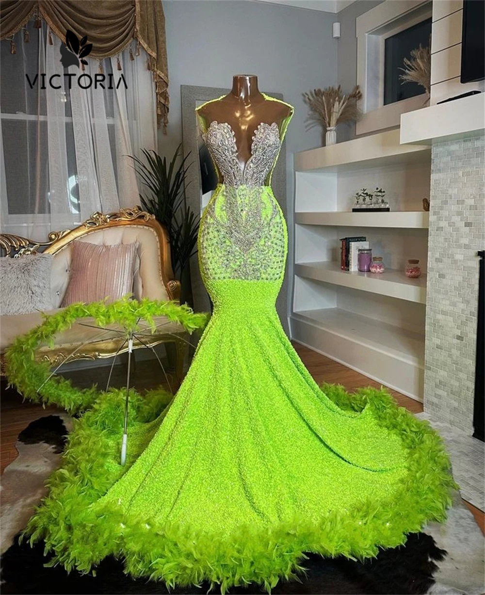 Lemon Green Feathers Train Crystal Mermaid Rhinestone Prom Dress Black Girl African Birthday Party Wedding Guest Gown Customized