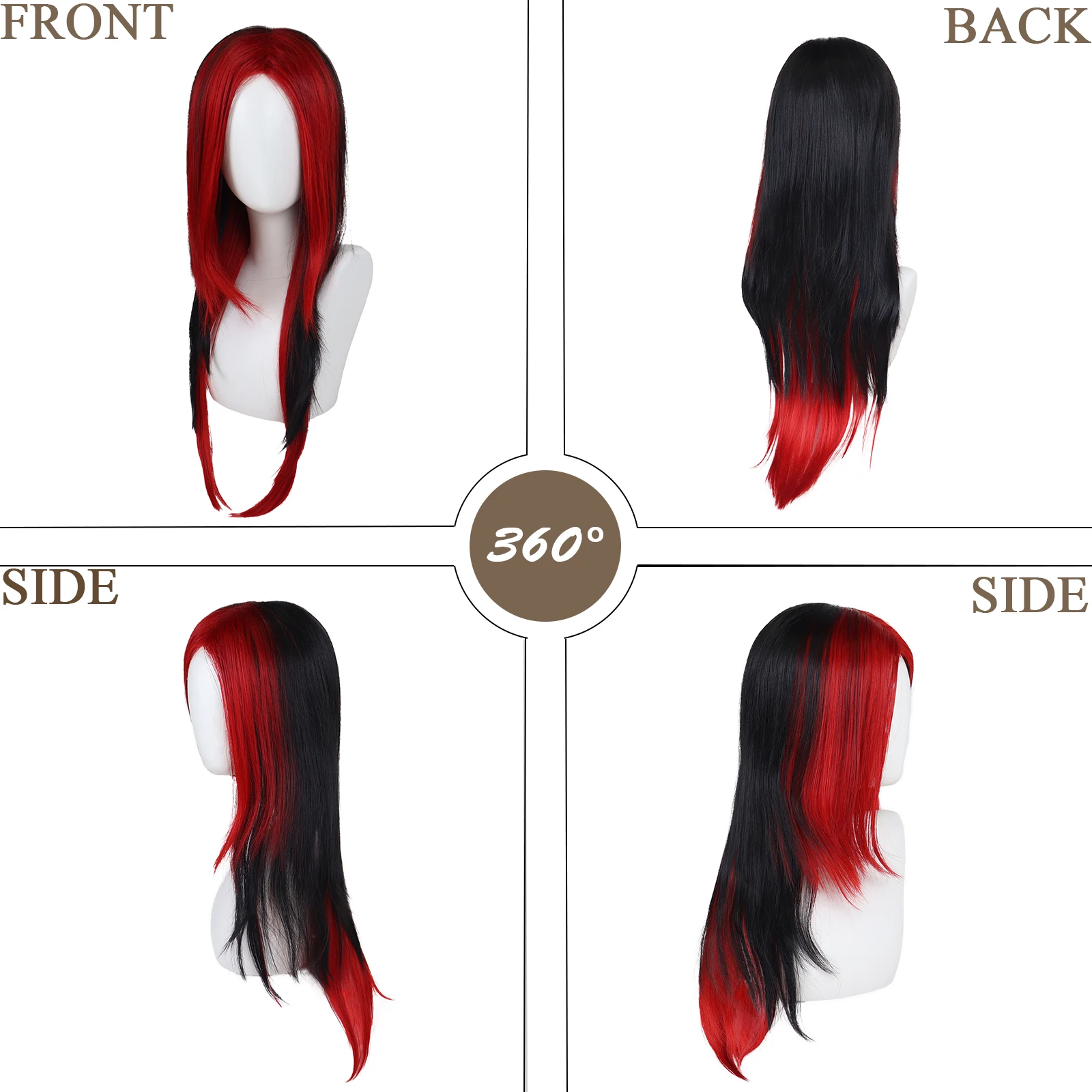 สังเคราะห์ผมยาวสีแดงและวิกผมสีดําสําหรับผู้หญิง Silky ตรงวิกผมทนความร้อนด้านข้าง Bangs ฮาโลวีนเครื่องแต่งกายวิกผมคอสเพลย์