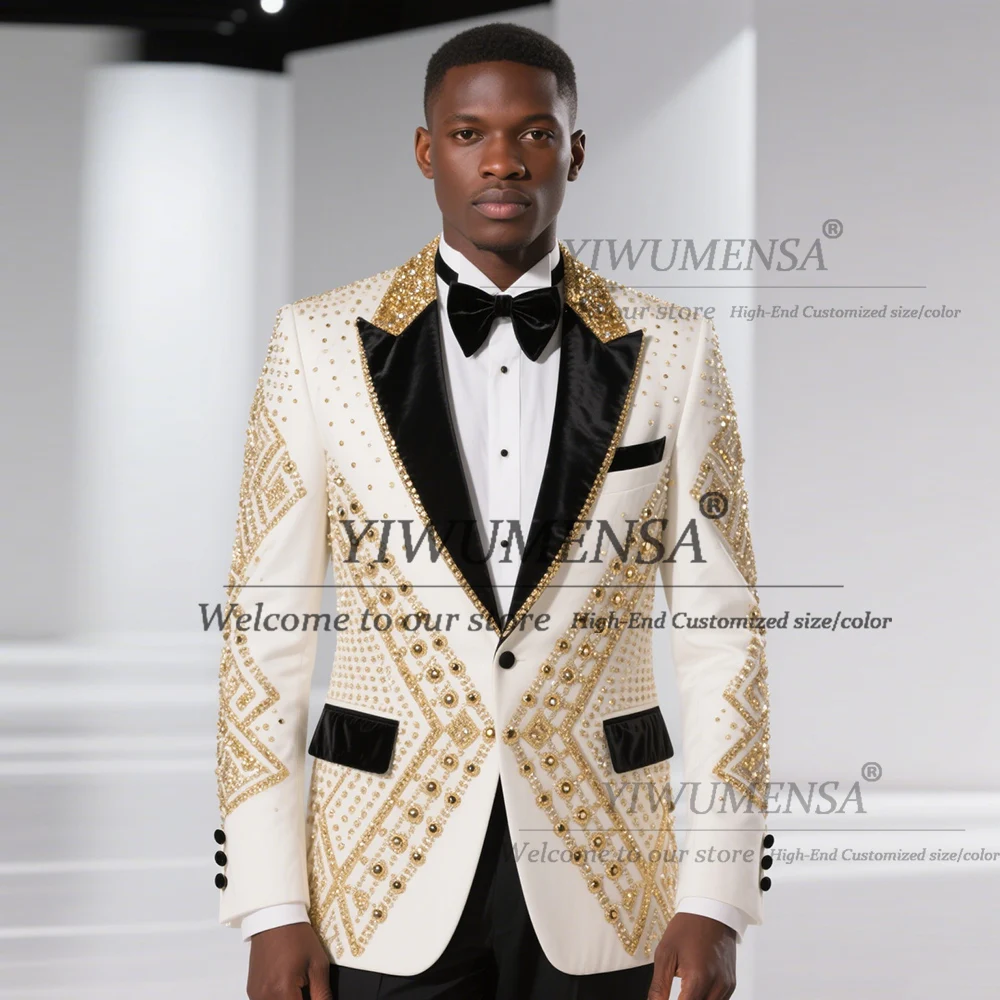 

Роскошные мужские костюмы с камнями из бисера для свадьбы, индивидуальные комплекты из 2 предметов, однобортный вечерний пиджак, брюки для жениха, Terno Masculinos