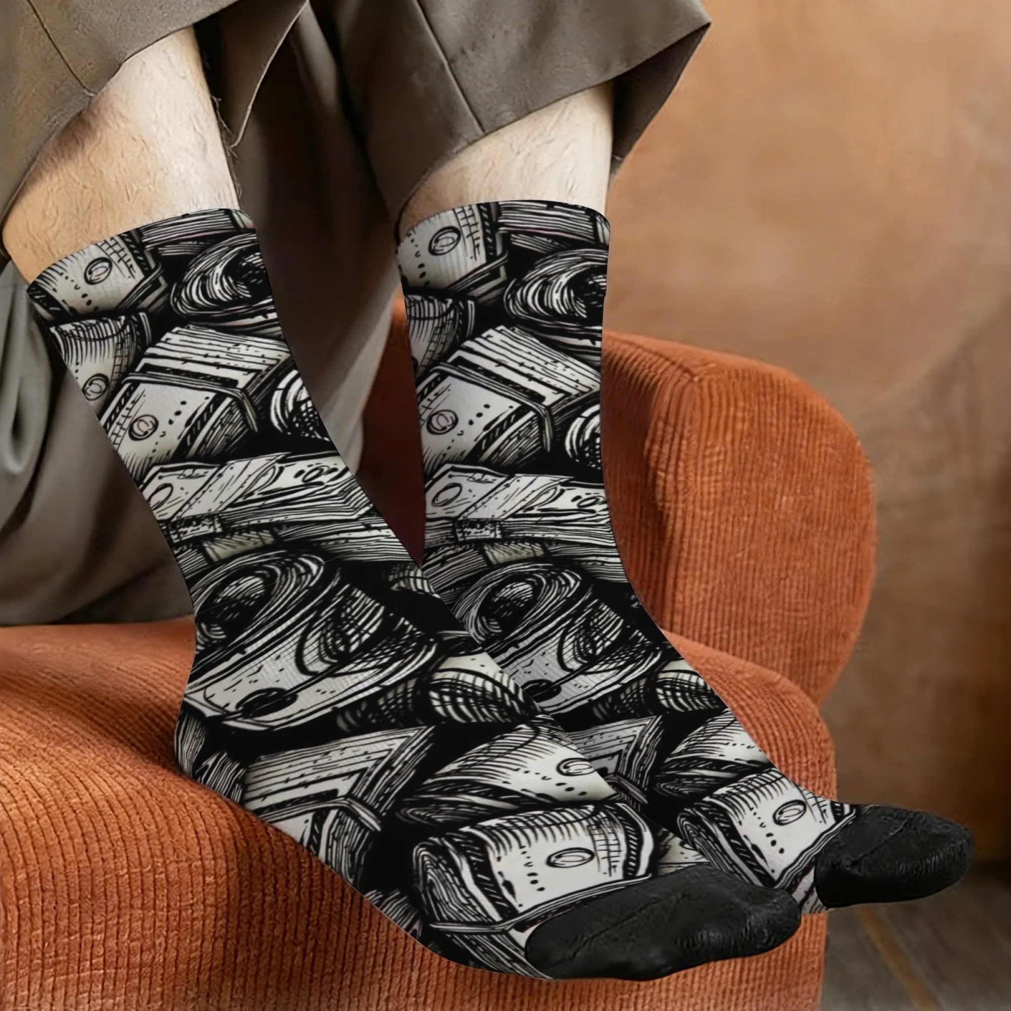Banknote Socks Non-slip Elastic Breathable Men's Socks Travel Leisure Hiking Happy Party Street Fashion Style Edgy Holiday Gifts