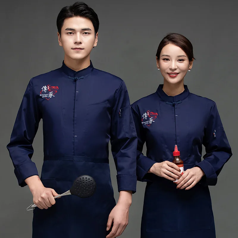 

C226 Blue Uniform Jacket Long Sleeves Restaurant Uniform Adult Kitchen Catering Black Cook Coat Double Breasted Chef Clothes