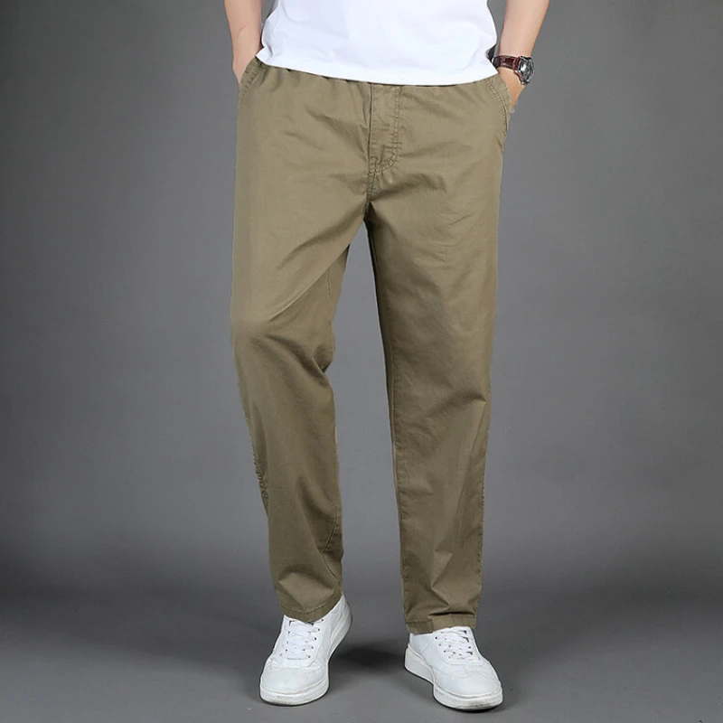 Men's Straight Cargo Trousers, Casual Pants, Monochromatic, Plus Size, M-6XL, Elastic Waist, 100% Cotton, Ninth Pants, 2024 New