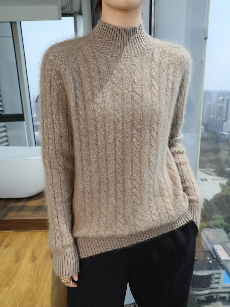 100% Mink Fur Women's Semi High Neck Pullover Soft Comfortable Base Layer Thickened Autumn Winter Casual Fashion Knitted Sweater