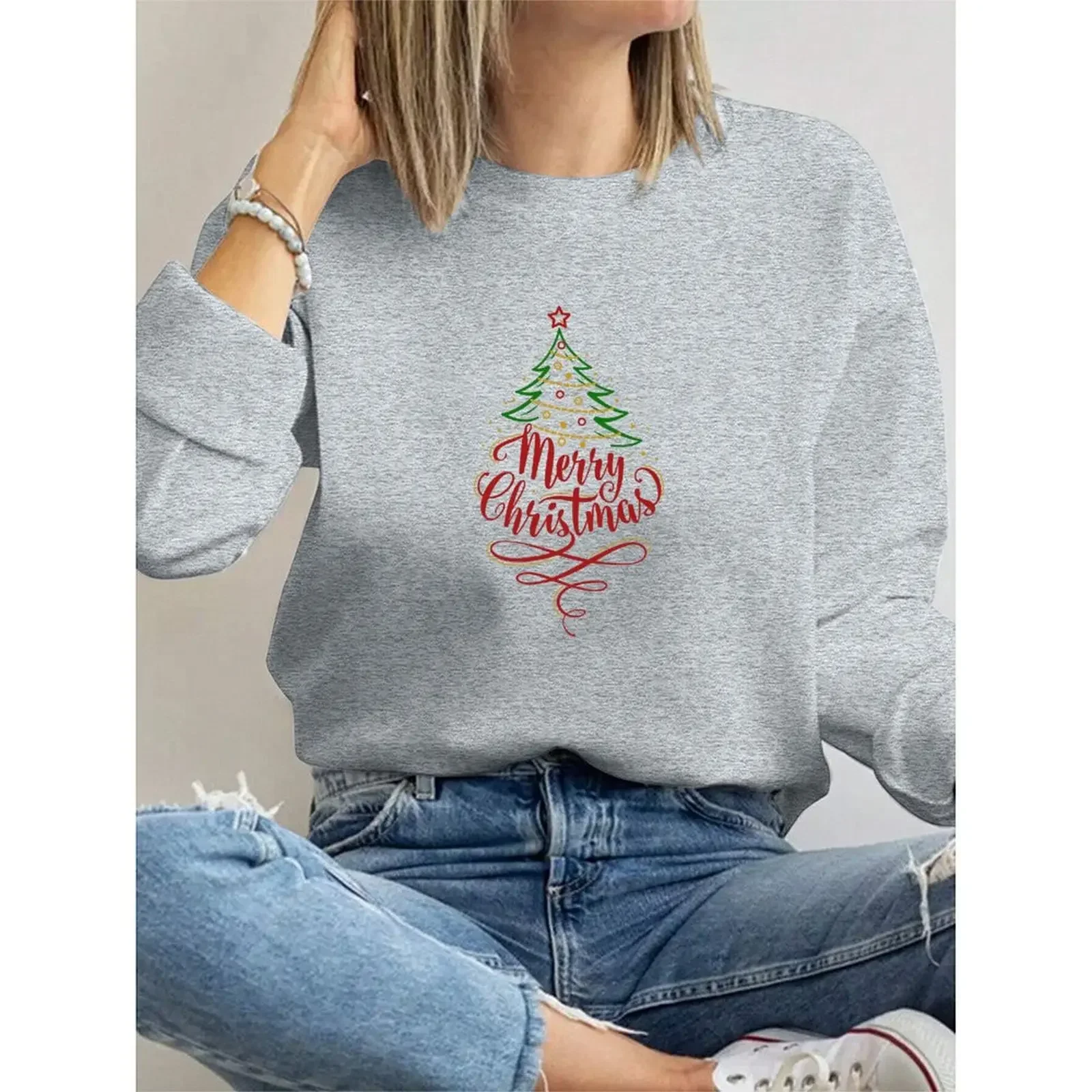 Pullover Oansatz Sweatshirts Für Frau Samt Winter Casual Lose Mode Komfortable Weihnachten Gedruckt Muster Langarm Top