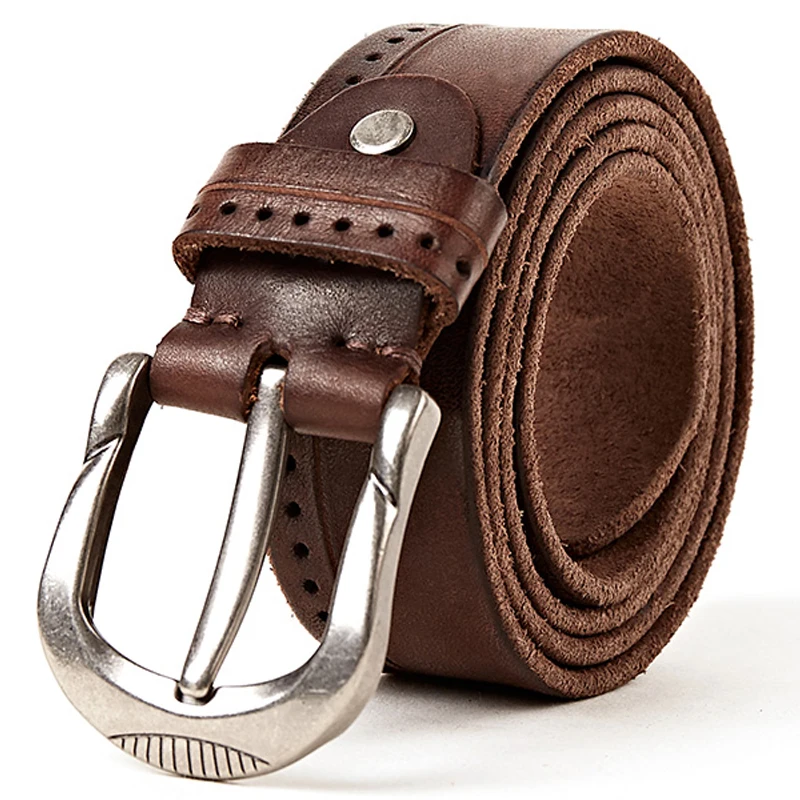 

Men's High-End Full Grain Leather Belt Casual Vintage Distressed Style Jean Belt With Stitching Durable Classic Accessory