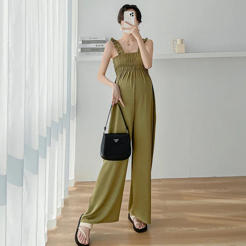 Summer Thin Jumpsuits for Maternity Sling Shoulder Slim Waist Wide Leg Overalls Pants for Pregnant Women Pregnancy Y2k Youth