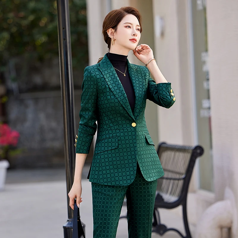 NAVIU Fashion Business Women Work Wear Spring New High Quality Plaid Blazer and FLARE PANTS Suit Shows Calm Capable Temperament