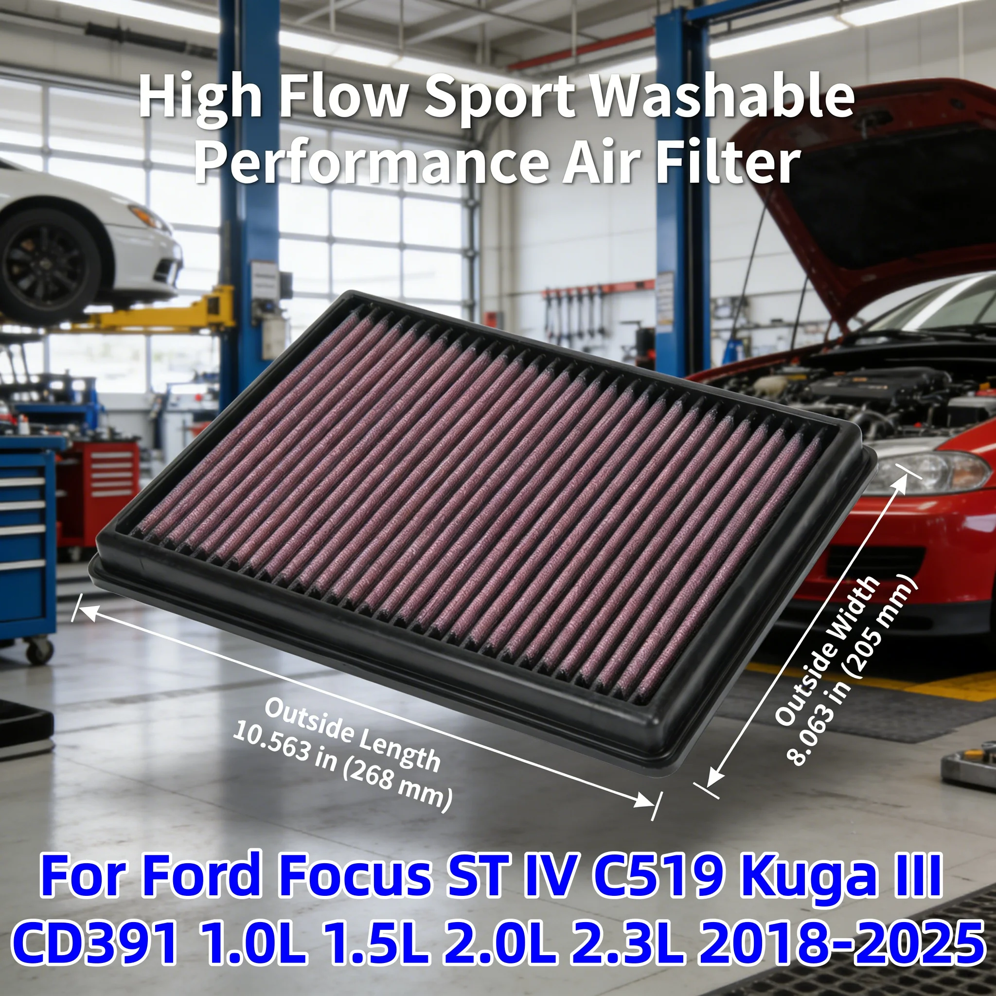 

For Ford Focus ST IV C519 Kuga III CD391 1.0L 1.5L 2.0L 2.3L 2018-2025 High Flow Sport Washable Panel Air Filter Replacement