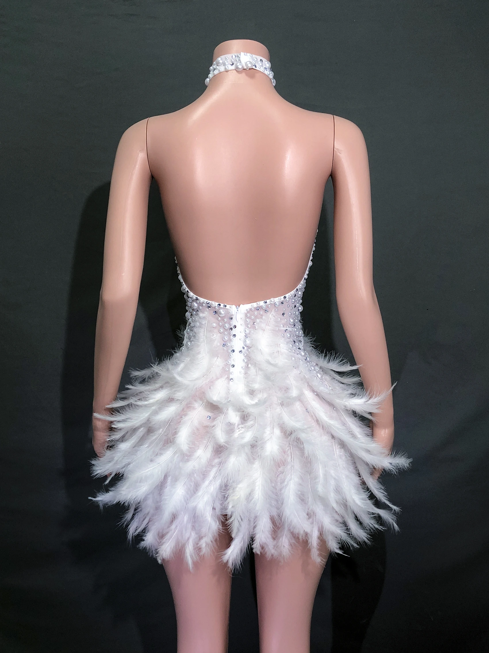 feather short skirt bright diamond stage performance costume sleeveless sex appeal high collar hanging neck