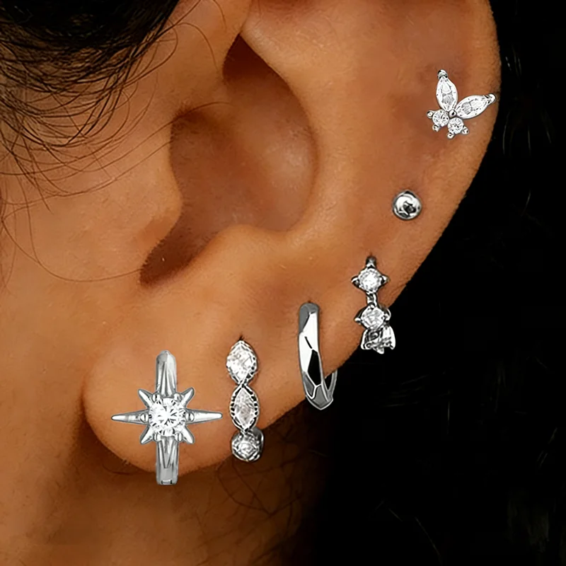 6-teiliges glänzendes Kristall-Huggie-Ohrring-Set für Damen, Tragus-Helix-Schmuck, Schmetterlings-Knorpel-Ohrstecker, Großpackung für Ohrläppchen-Piercings