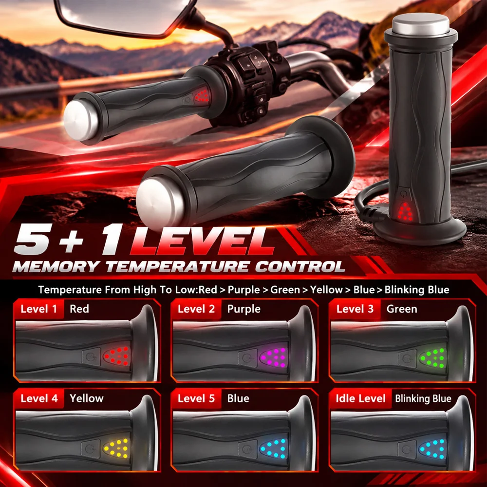 Heated Grips for 22mm Motorcycle Handlebar 12V 5+1 Memory Temperature Control Rubber Winter Riding Accessories