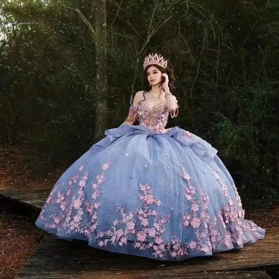 Robe de Quinceanera à fleurs perlées, robe de Rhde luxe, longueur au sol, train de balayage, robe de soirée à lacets, chérie, hors de l'initiative, 2023