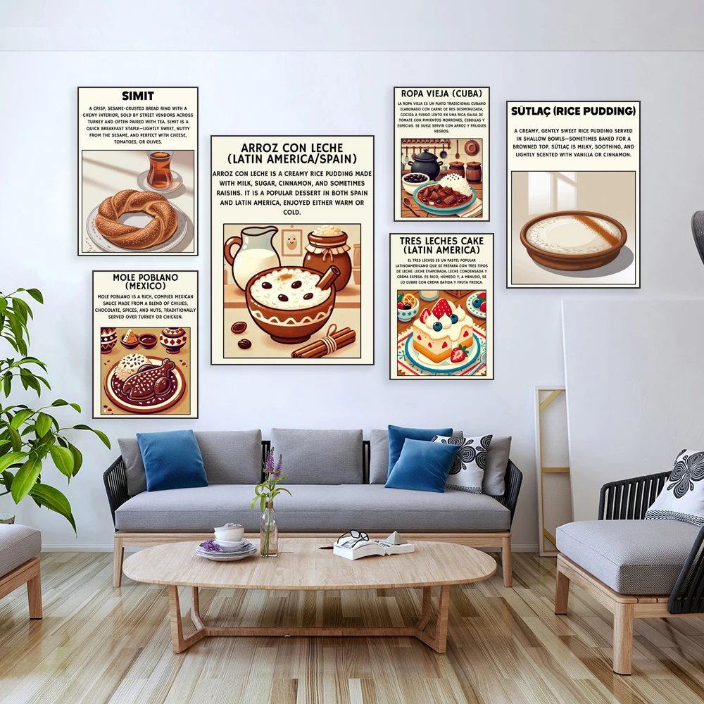 Traditional Turkish and Spanish cuisine, Noah pudding, milk rice, kebab wraps, fried plantain chips, ceviche, Latin food posters